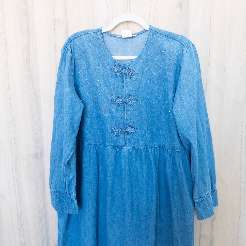 Vintage Denim Maxi Dress XL Blue Frog Closure Long Sleeve Prairie Cottage Boho - Picture 2 of 7
